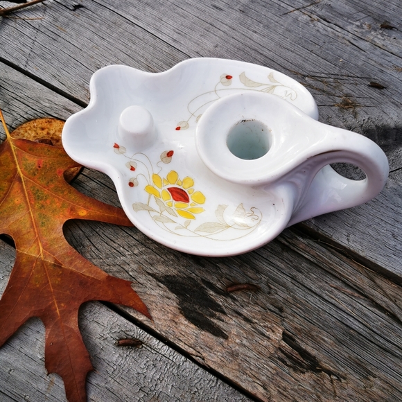 Vintage White Ceramic Hand-painted Chamberstick Candle Holder with Sunflower - Picture 9 of 13